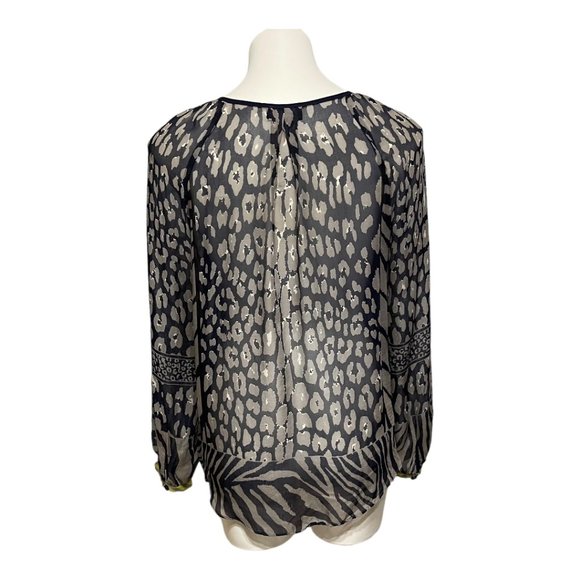 Hale Bob Animal Print Long Sleeve Split Necktie Semi Sheer Silk Blouse - Picture 4 of 8